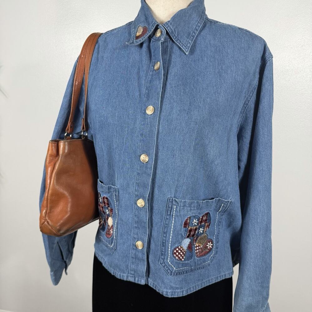 Vintage Christopher & Banks Denim Shirt Jacket L Patchwork Hearts Embroidered